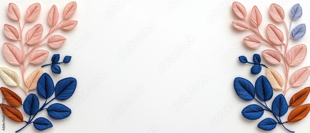 Colorful Thread Leaves on White Background Copy Space