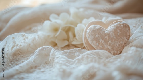 A beautifully crafted heart-shaped decoration rests gracefully on textured fabric, accompanied by delicate white flowers, imparting an aura of elegance and serenity