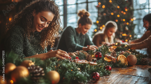 A team brainstorming session with holiday decor on the table. photo