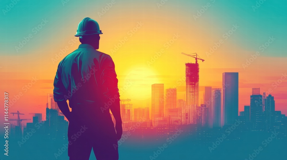 Engineer Observing Sunrise Over Future Cityscape Engineer Observing Sunrise Over Future Cityscape