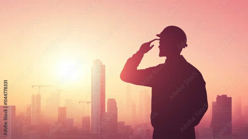 Engineer Overlooking Future Cityscape at Sunrise Engineer Overlooking Future Cityscape at Sunrise