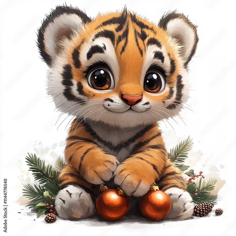 Cheerful Tiger Cub Playing with Ornaments Cheerful Tiger Cub Playing with Ornaments