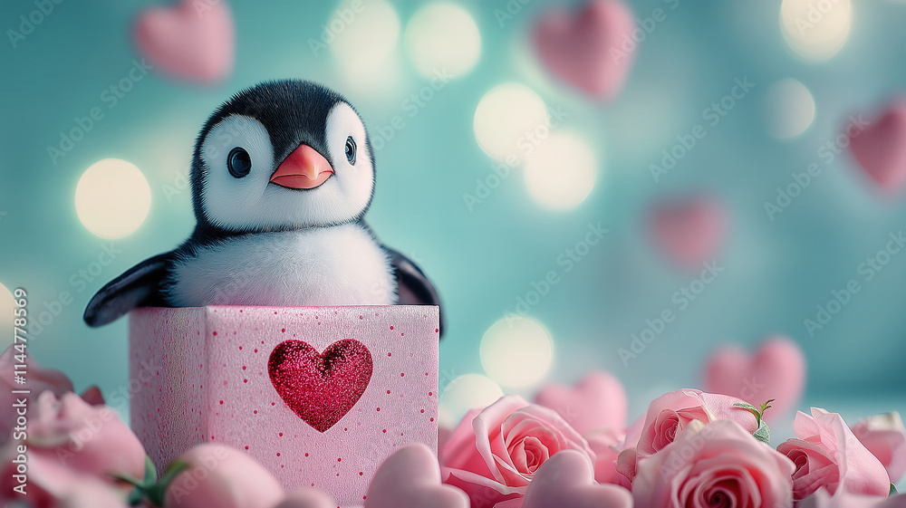 Obraz premium Adorable Valentine Penguin Box Surrounded by Hearts and Roses for Romantic Gift Ideas and Love
