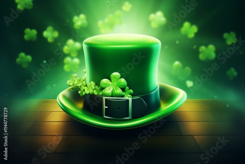 Shiny green leprechaun hat with shamrocks on wooden surface and green background with falling shamrocks celebrating saint patrick's day photo