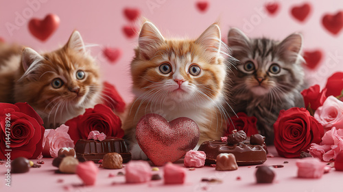 Charming Whiskered Friends with Roses, Chocolates, and a Heart-Shaped Decoration on Pink