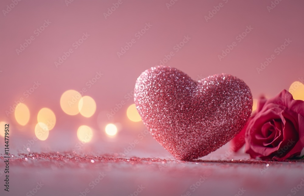 Obraz premium Heart-Shaped Pink Glitter Decoration with Roses and Lights Background