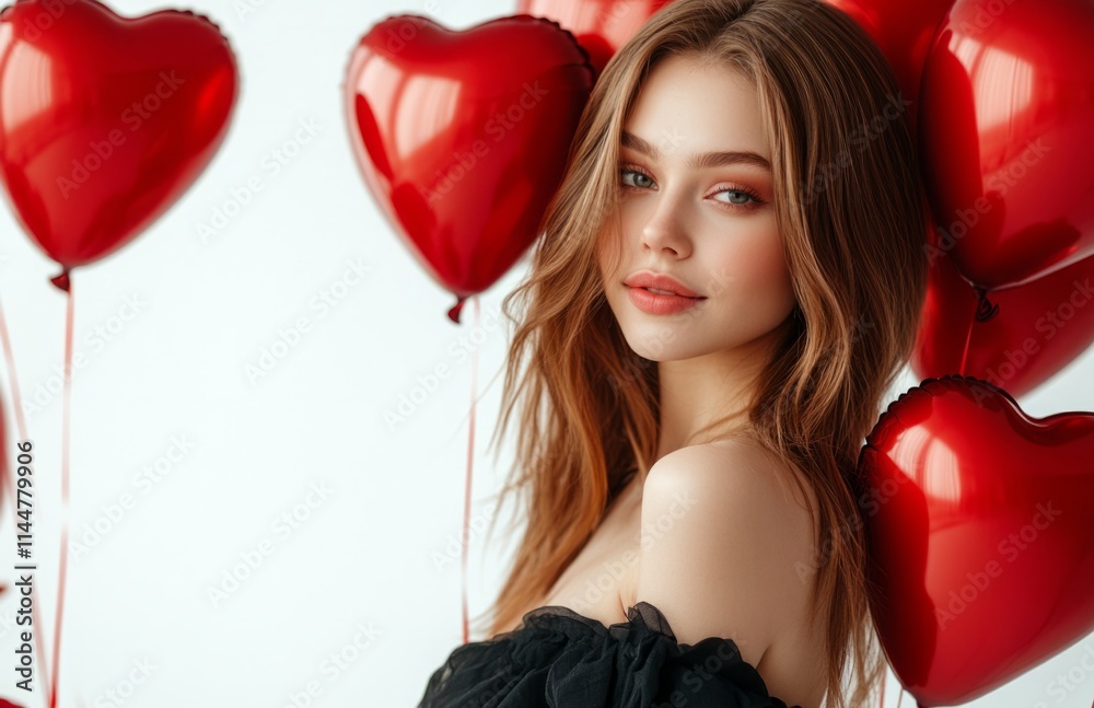 Beautiful young woman holding red heart-shaped balloons in elegant black dress Beautiful young woman holding red heart-shaped balloons in elegant black dress