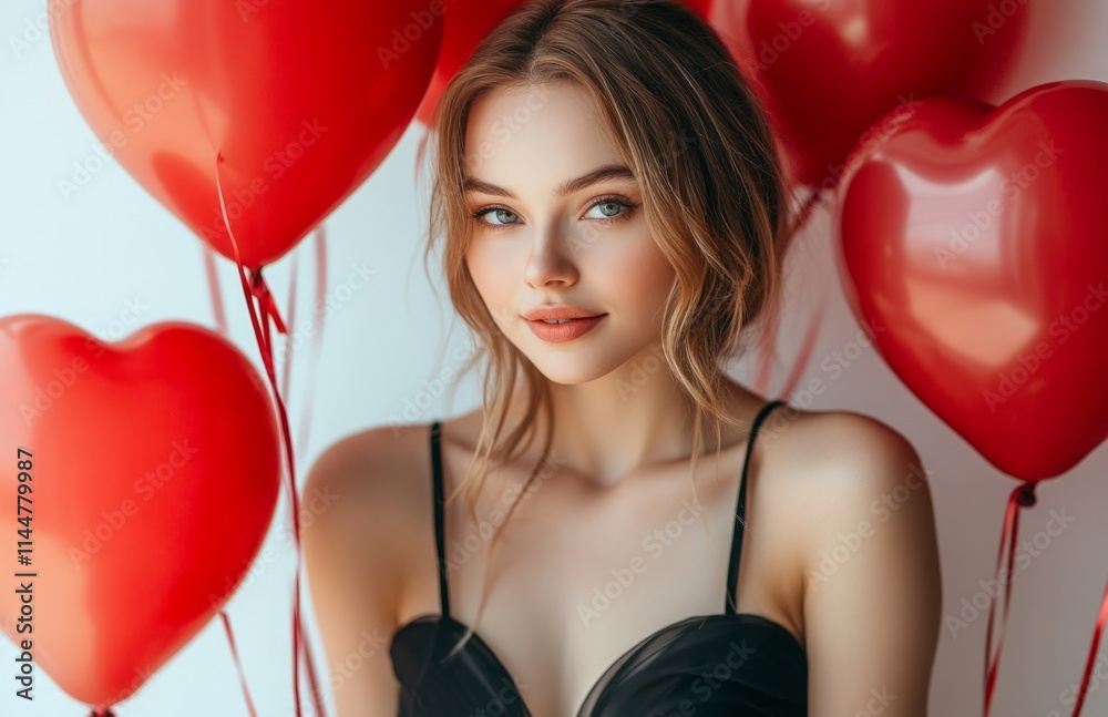 Beautiful young woman holding red heart-shaped balloons in elegant black dress Beautiful young woman holding red heart-shaped balloons in elegant black dress