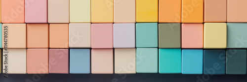A visually captivating arrangement of colorful pastel blocks perfectly aligned, creating an artistic abstract composition with a harmonious color palette. photo