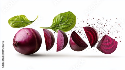 Sliced beetroots with spinach leaves and beetroot powder in mid-air against white background.