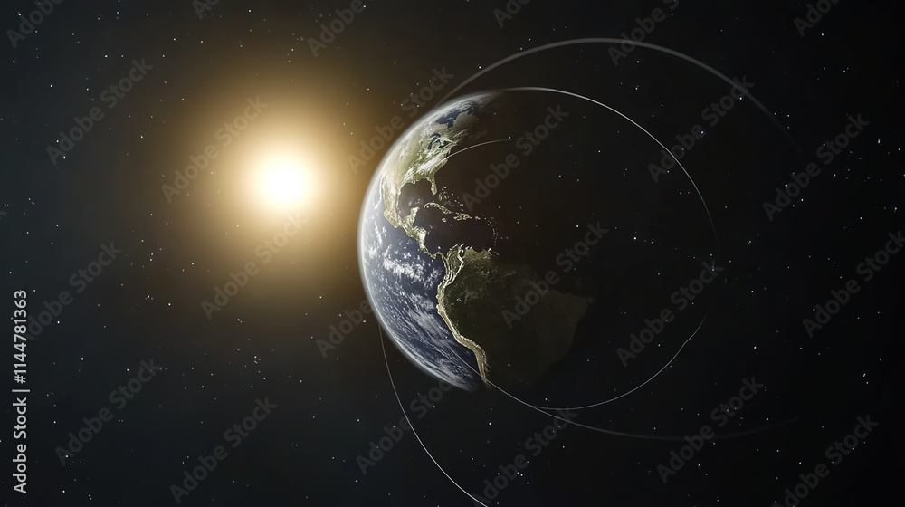 Fototapeta premium Earth axis diagram illustration showing the tilt of the Earth's rotational axis relative to its orbital plane, explaining the cause of seasonal changes and the distribution of sunlight. 