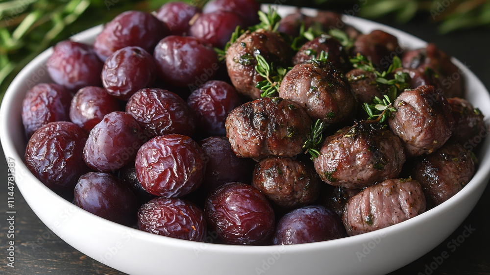 Obraz premium Delicious pork medallions served with dried plums, garnished with fresh herbs, create mouthwatering dish. combination of flavors and textures is truly delightful