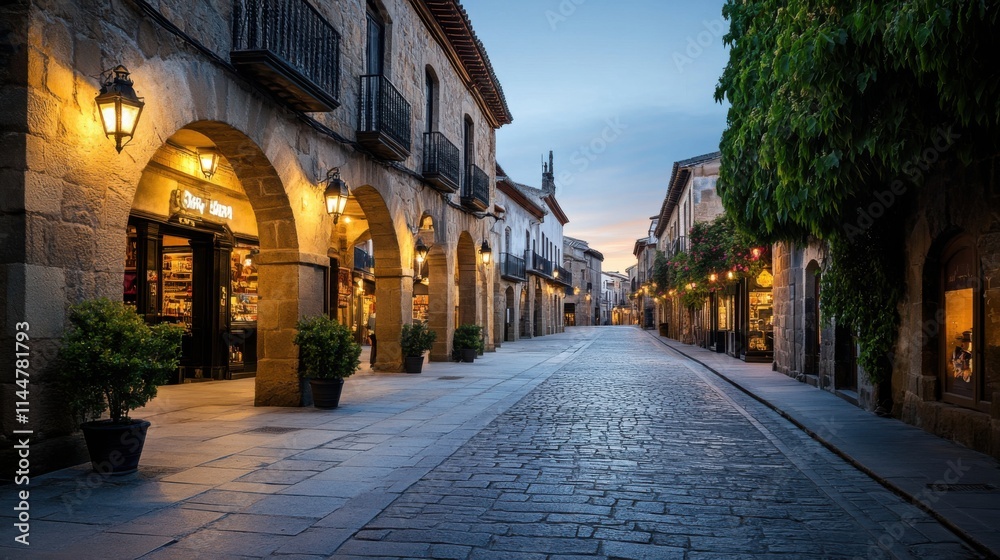 Serene Evening Street Scene in Historic Village with Charming Architecture and Soft Lighting Serene Evening Street Scene in Historic Village with Charming Architecture and Soft Lighting