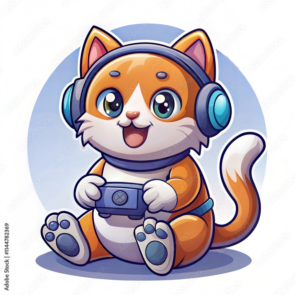 Cartoon Cat Playing Video Game with Headphones and Controller Cartoon Cat Playing Video Game with Headphones and Controller