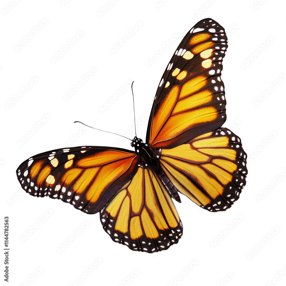 Fototapeta premium Monarch Butterfly Danaus plexippus isolated on white background colorful butterfly insect animal wildlife wings beautiful flying orange black migration nature spring summer freedom environment