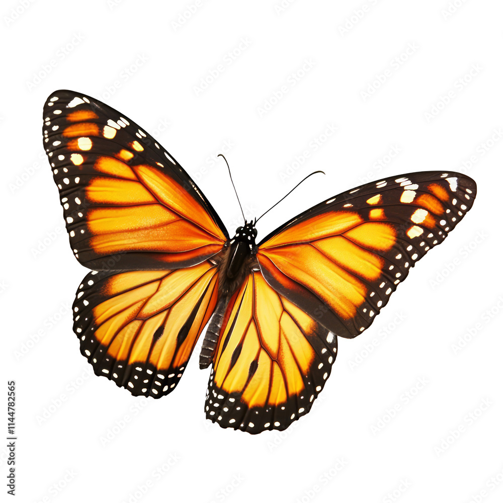Fototapeta premium Monarch Butterfly isolated on white background with spread wings insect nature wildlife animal orange black and white colors beautiful colorful flying danaus plexippus delicate fragile spring summer