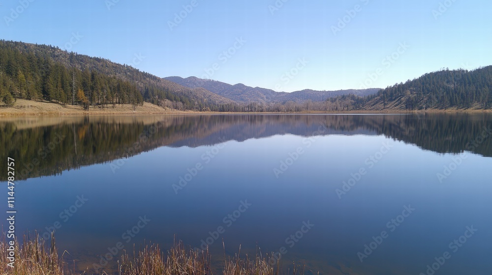 Serene Mountain Lake Reflected in Calm Waters on a Clear Day Serene Mountain Lake Reflected in Calm Waters on a Clear Day