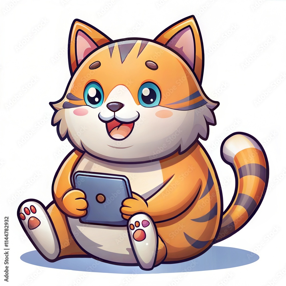 Cartoon Orange Cat Smiling and Holding a Blue Tablet Cartoon Orange Cat Smiling and Holding a Blue Tablet