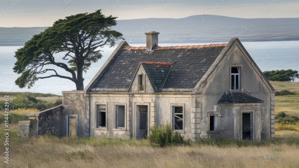 An old abandoned stone house in a deserted countryside. The house has a low roof covered with dark tiles. The walls are dilapidated. There is a lone tree growing next to the house. An old abandoned stone house in a deserted countryside. The house has a low roof covered with dark tiles. The walls are dilapidated. There is a lone tree growing next to the house.