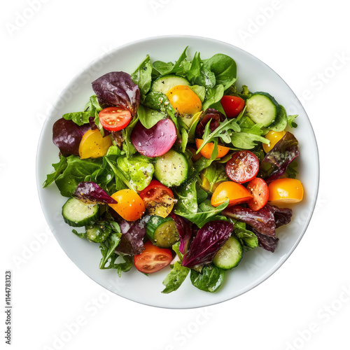 Fresh vegetable salad with colorful tomatoes cucumber lettuce beetroot and arugula healthy food diet vegetarian meal vitamin lunch isolated on white background top view