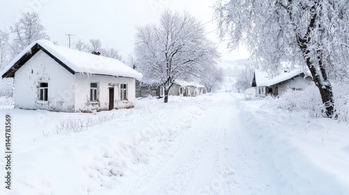 Snowy village scene with white houses, snow-covered trees, and a pathway.