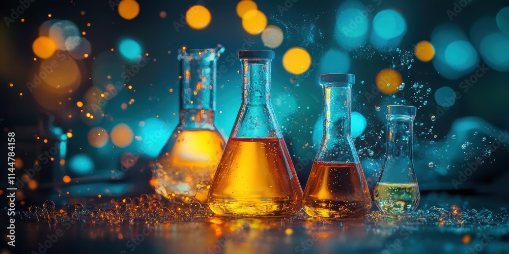 A vibrant and visually striking image featuring several glass laboratory flasks filled with colorful liquid solutions set against a bokeh background. A vibrant and visually striking image featuring several glass laboratory flasks filled with colorful liquid solutions set against a bokeh background.