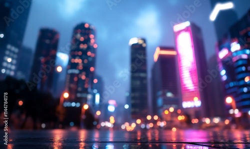 City skyline at night with neon lights and wet streets.