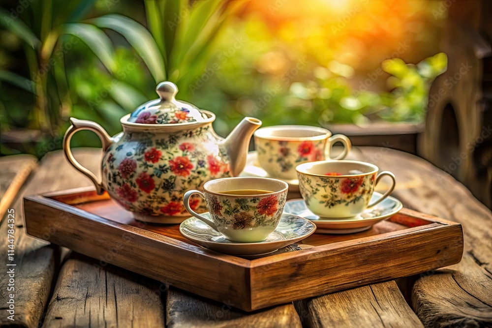 Crisp still life: a teapot and cups, arranged on a tray, sharply focused from front to back.