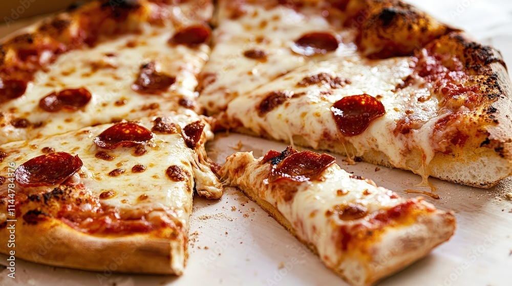 Delicious pepperoni pizza with melted cheese, a slice removed. Delicious pepperoni pizza with melted cheese, a slice removed.