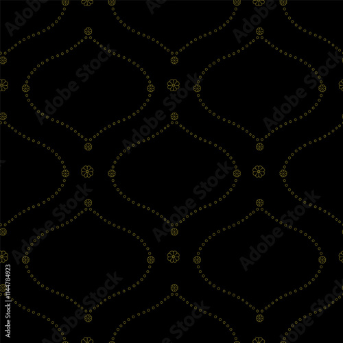 Seamless pattern with golden floral ogee geometrical motifs on a black background. Minimalist classic abstract repeat wallpaper. photo