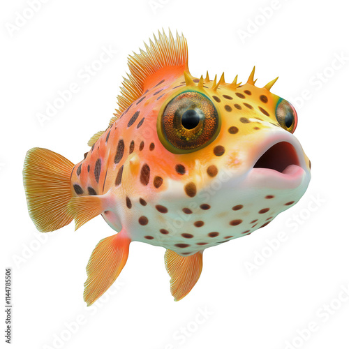 Harlequin Filefish Oxymonacanthus longirostris isolated on white background tropical reef fish swimming underwater ocean wildlife colorful marine life exotic aquarium pet aquatic animal nature sea photo