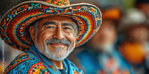 A joyful elderly man smiles warmly while wearing a vibrant and intricately patterned traditional Mexican sombrero and colorful poncho in a lively setting.