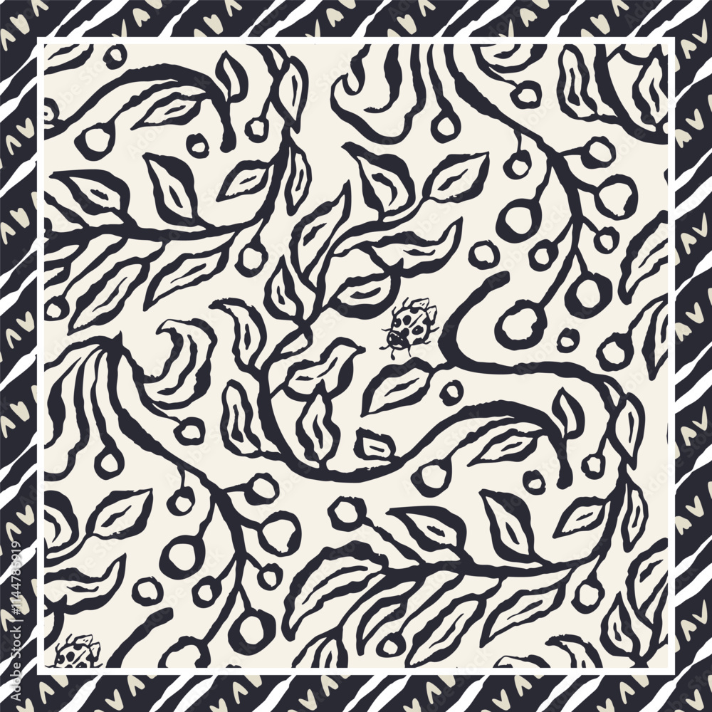 Monochrome black and white brush strokes inky trailing branches scarf or bandana design. Abstract floral contemporary minimalist background. Monochrome black and white brush strokes inky trailing branches scarf or bandana design. Abstract floral contemporary minimalist background.