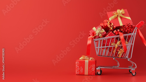 Gift Giving Extravaganza: A  miniature shopping cart overflows with vibrant red and gold gifts, symbolizing the joy and abundance of the holiday season. photo