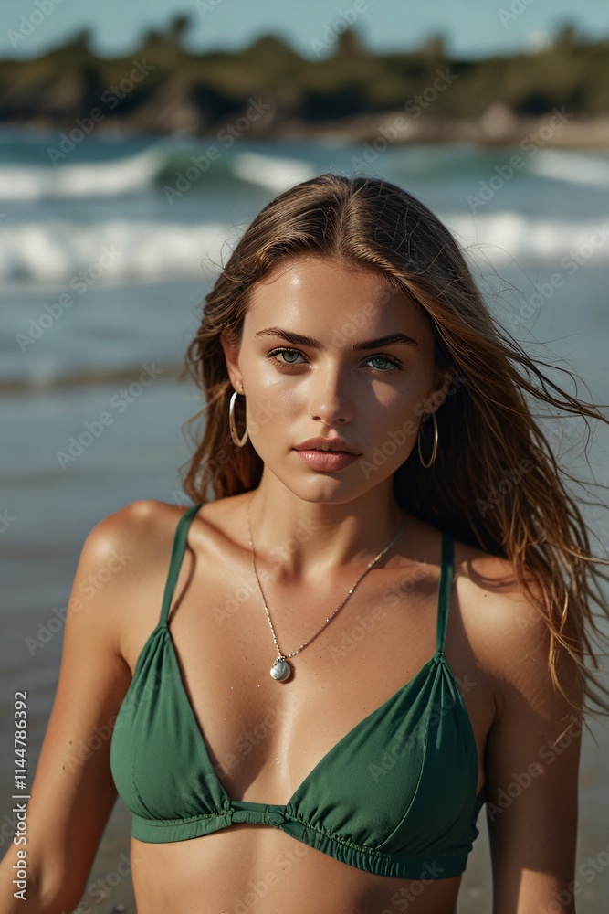 Beautiful Woman in Green Bikini on Beach Beautiful Woman in Green Bikini on Beach