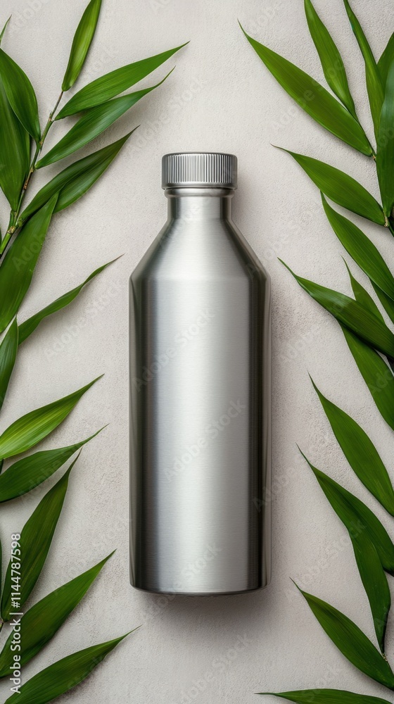 Stainless steel reusable water bottle placed on a light surface surrounded by green leaves, AI Stainless steel reusable water bottle placed on a light surface surrounded by green leaves, AI