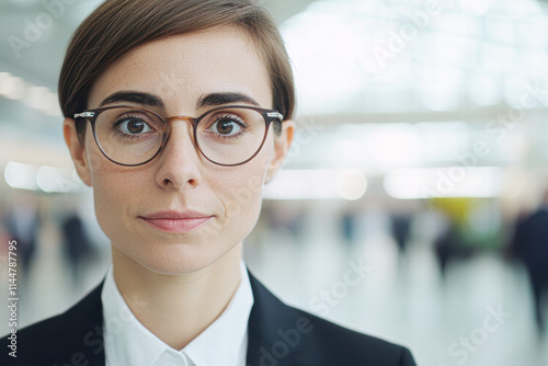 Professional woman in glass-fronted office business context indoor environment close-up view