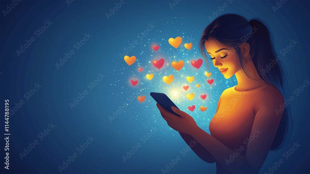 Young smiling dreamful woman 20s wearing casual shirt use mobile cell phone chat isolated on blue background studio, red hearts on wall Valentine's Day birthday holiday party dating concept. Young smiling dreamful woman 20s wearing casual shirt use mobile cell phone chat isolated on blue background studio, red hearts on wall Valentine's Day birthday holiday party dating concept.