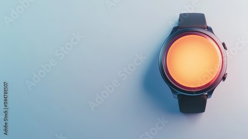 A sleek smartwatch with a vibrant orange display, resting on a soft blue surface, highlighting modern technology and design.