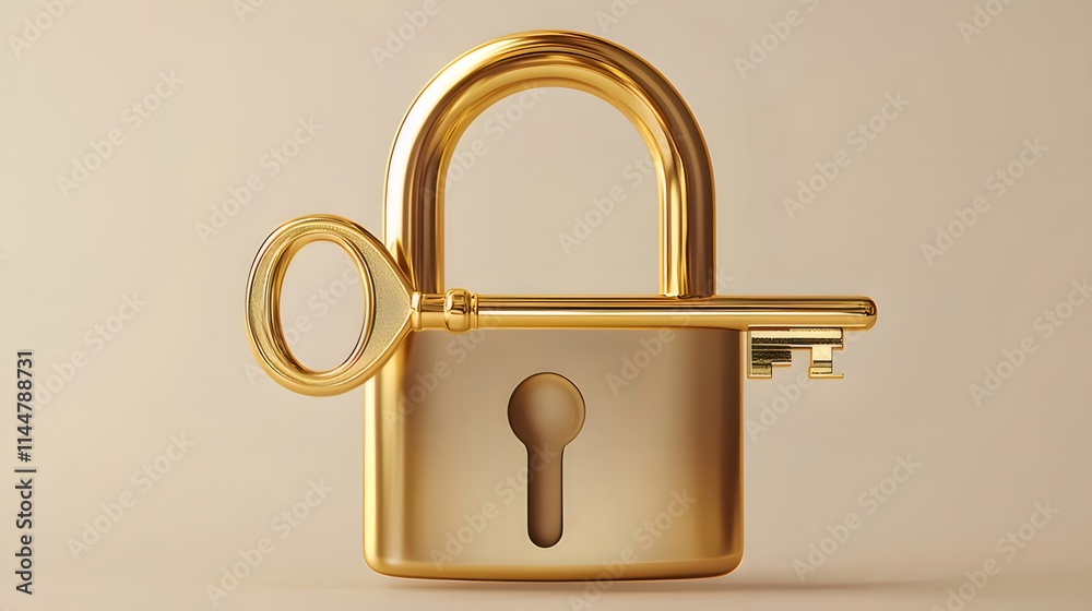 Golden padlock and key on beige background. Golden padlock and key on beige background.