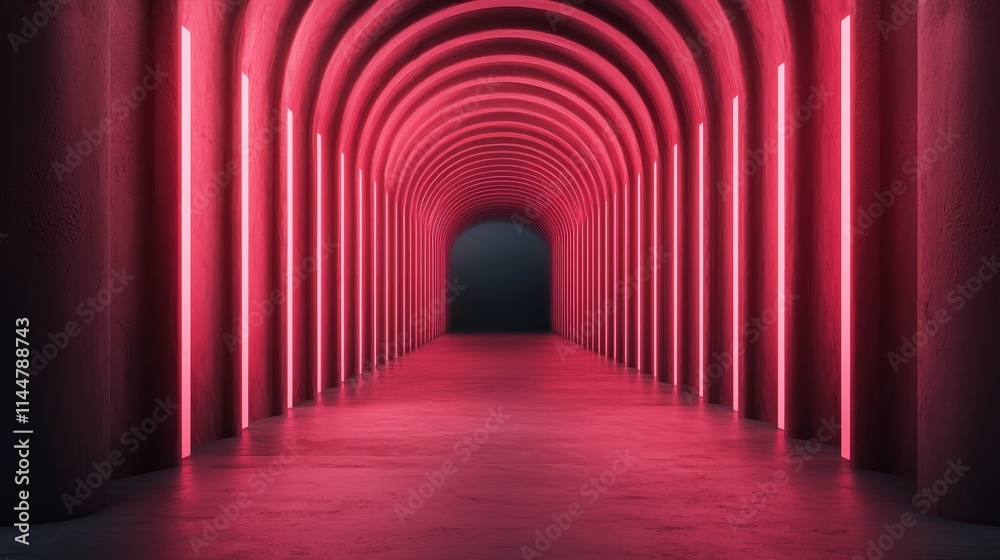 Fototapeta premium A vibrant, illuminated corridor featuring pink arches and vertical lights, creating a futuristic and immersive atmosphere.