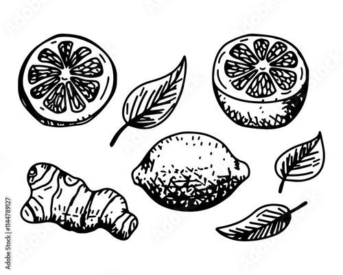 A black-and-white drawing featuring a whole lemon, sliced lemon wedges, a ginger root, and several leaves, symbolizing natural ingredients and a healthy lifestyle.