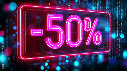 Neon Sale Banner in Pink, 50% Rabatt Sale Banner für Angebote zu Weihnachten, Neujahr, Cyber Monday, Black Friday oder sonstiger Anlass, Shopping Offerte und Ausverkauf im Party Retro Style