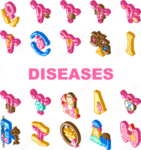 women diseases endometriosis pcos icons set vector. menopause, osteoporosis fibroids, breast cervical, ovarian, uterine infertility, pms women diseases endometriosis pcos isometric sign illustrations