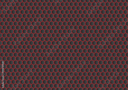 A black and red honeycomb texture pattern background features bold hexagonal shapes, creating a dynamic and striking visual contrast.