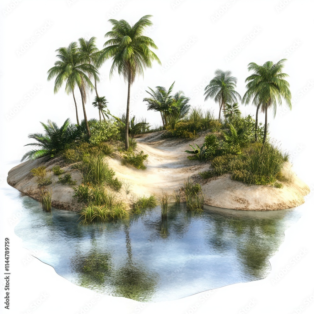 A remote desert oasis with a calm water surface and scattered tropical plants on a white background A remote desert oasis with a calm water surface and scattered tropical plants on a white background