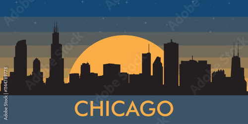 Black silhouette of the city of Chicago against the background of the night starry sky and a large yellow moon