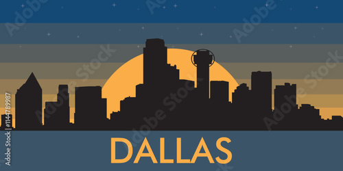 Black silhouette of the city of Dallas against the background of the night starry sky and a large yellow moon