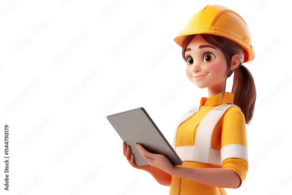 3D Cartoon character of female engineer in yellow safety helmet holding tablet isolated on transparent png background. 3D Cartoon character of female engineer in yellow safety helmet holding tablet isolated on transparent png background.