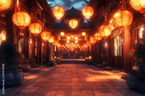 Illuminated alleyway with traditional Asian architecture and lanterns at night.